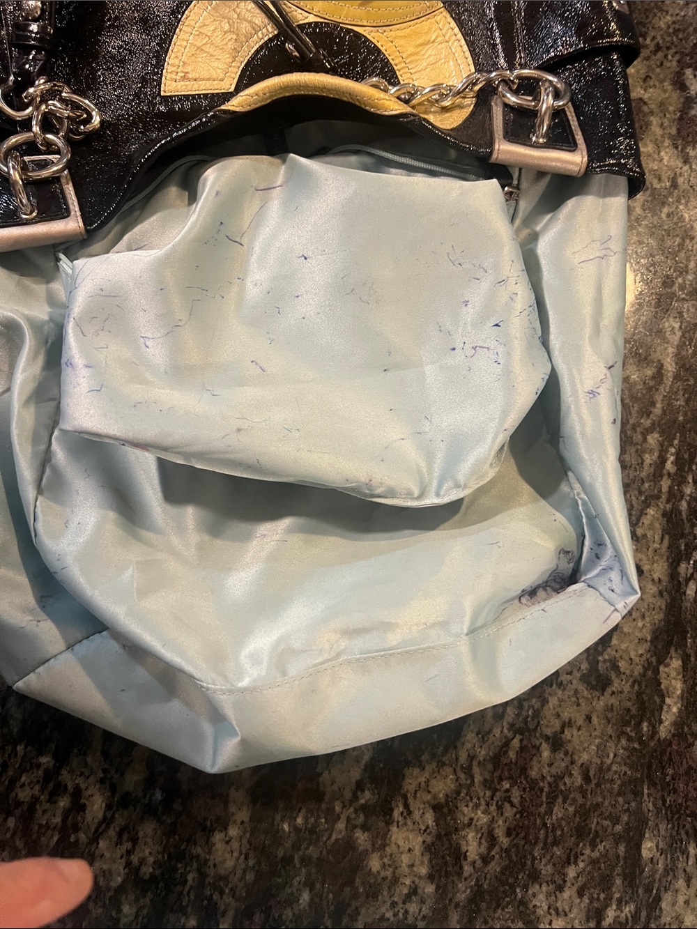 Coach patent leather Black Tote with gold and Gray suede C’s - Picture 6 of 11